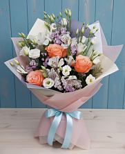 Букет Утренняя свежесть в Алфиомво Букет цветов из:  Лизиантусы, Розы, Альстромерии и Гипсофила в Алфиомво