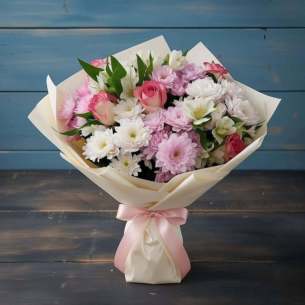 Букет цветов из: Хризантемы, Альстромерии и Розы в Алфиомво